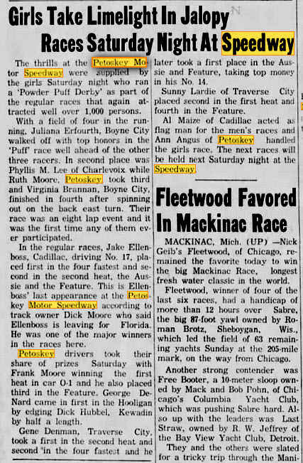 Petoskey Motor Speedway - JULY 23 1956 ARTICLE